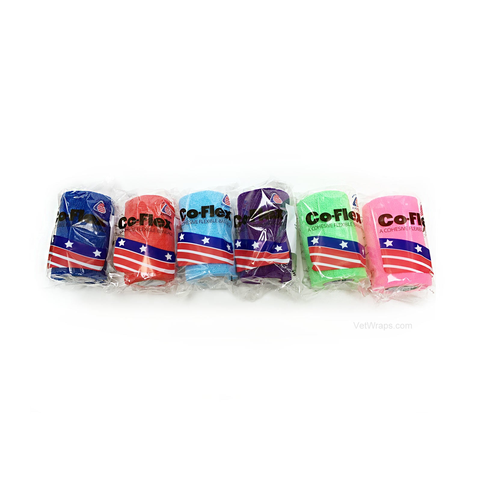 Andover CoFlex Vet Cohesive Bandage Color Pack (neon pink, blue, purple, light blue, neon green, red rolls in packages).