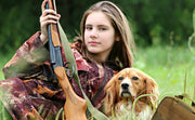 You hunter girl and dog with pet kit